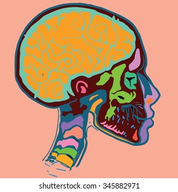 Medical X-ray scan of a male human head with skull and brain.