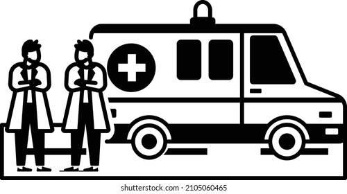 vehículo equipado médicamente con el concepto de personal, diseño de iconos de vectores de ambulancia, símbolo de escena médica y de salud, signo de diagnóstico de enfermedades, identificación de médicos y personajes del paciente Ilustración de material