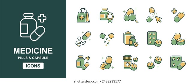 medicals medicine icon vector set pill and capsule drug pharmacy prescription medic treatment sign collection for web and app