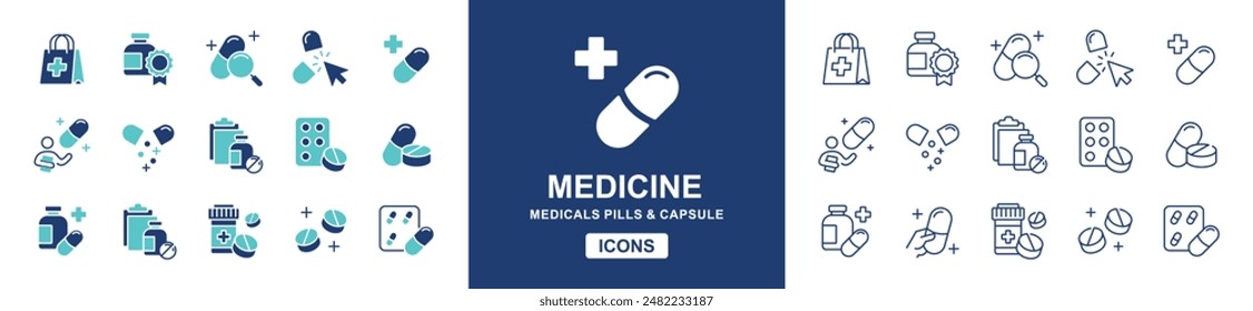 medicals medicine icon vector set pill and capsule drug pharmacy prescription medic treatment sign illustration