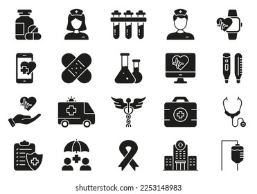 Medicals Silhouette Icon Set. Pharmacy Clinic, Medicine Treatment Glyph Pictogram. Hospital Consultation Icon. Healthcare Equipment Symbol. Emergency First Aid. Isolated Vector Illustration.