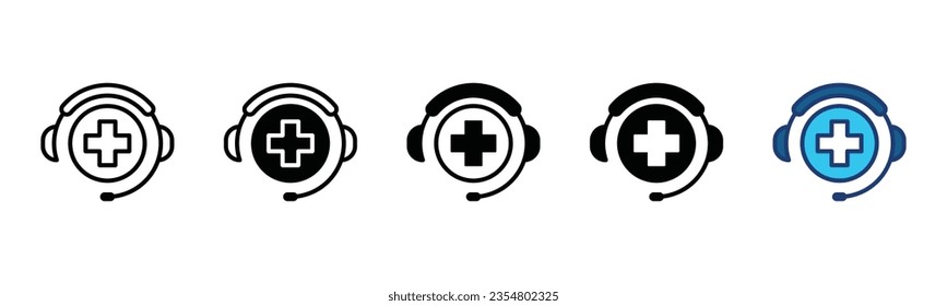 Medicals support service icons set. Hospital or clinic support icon signs. Emergency call center, chat, messages of hospital symbol in line and flat style. Vector illustration