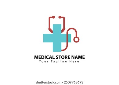 Un diseño de logotipo de temática médica con una cruz azul y un estetoscopio rojo. A continuación, el texto del marcador de posición dice "NOMBRE DE LA TIENDA MÉDICA" con un eslogan.