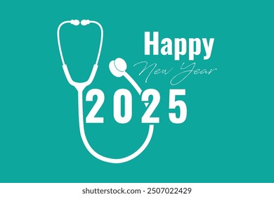 Un diseño de Vector de temática médica con un estetoscopio que forma los números "2025" con el texto "Feliz año Nuevo" sobre un fondo verde azulado. Ideal para la salud y el bienestar.