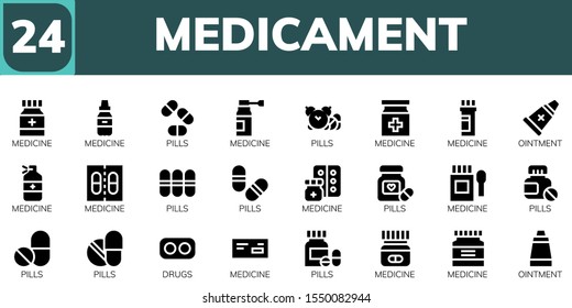medicament icon set. 24 filled medicament icons.  Simple modern icons about  - Medicine, Pills, Ointment, Drugs