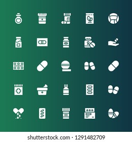 medicament icon set. Collection of 25 filled medicament icons included Pills, Medicine, Drug, Pill, Drugs, Remedy
