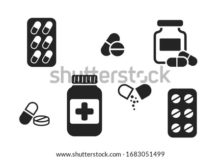 medicament icon set. isolated vector pharmaceutical and treatment symbols. simple style medical design elements