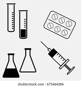 Medicament icon set, pill, tablet , injection vector icon on grey background. 