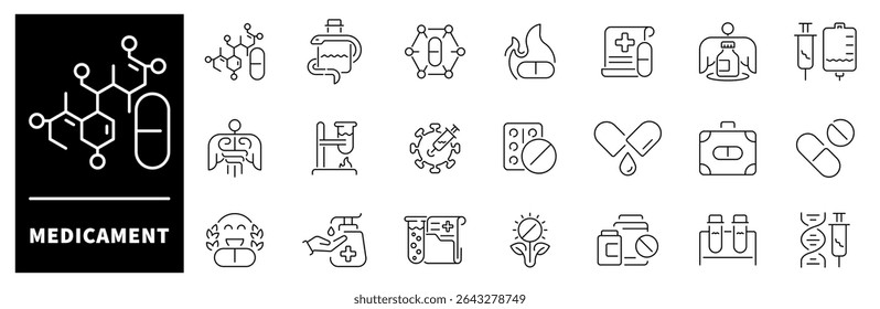 Medicament icon set. Thin line icons set related to medicament and medication drug. Medication web icons in line style. Collection of medicament related outline icons
