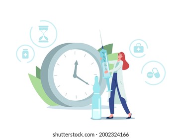 Medicament Prescription, Health Care Concept. Tiny Doctor Character with Huge Syringe and Ampule with Drug near Clock Show Time for Applying Daily Medicine Dose. Cartoon People Vector Illustration