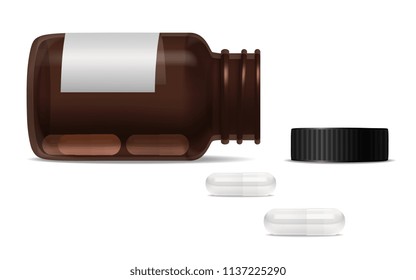 Medicament realistic design concept with opened glass bottle for pills and scattered capsules vector illustration