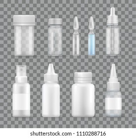 Medicament set isolated on transparent vector, different bottles and falcons for drugs and pills, sprays and nasal drops, glass capsule and vitamins