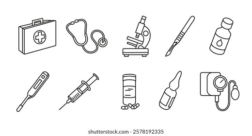 Medicament treatment icon set. Medicine and medicines outline illustration collection. Pharmacy drugs and pills symbol. Hospital pharmaceutical equipment sign. First aid kit doodle. Surgeon pictogram.