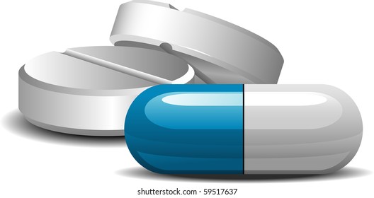 Medicament: two pills and capsules over white