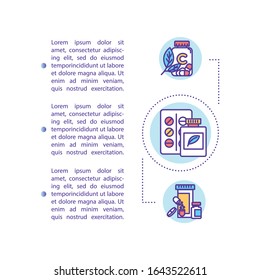 Medicaments concept icon with text. Pills and capsules. Pharmaceutical drugs. Healing substance. PPT page vector template. Brochure, magazine, booklet design element with linear illustrations