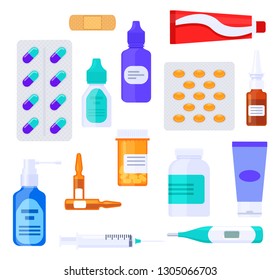 Medicaments large collection. Set of medical items: bottles, pills, ampoule, syringe, spray, drops, drops, capsules, cream, paste, plaster. Flat vector illustration. 