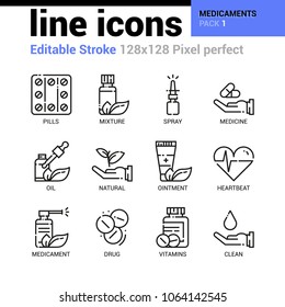 Medicaments line icons set - Editable Stroke, Pixel perfect thin line vector icons for web design and website application. 