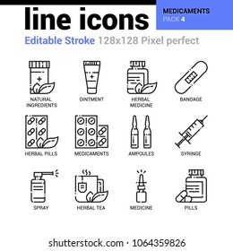 Medicaments line icons set - Editable Stroke, Pixel perfect thin line vector icons for web design and website application. 