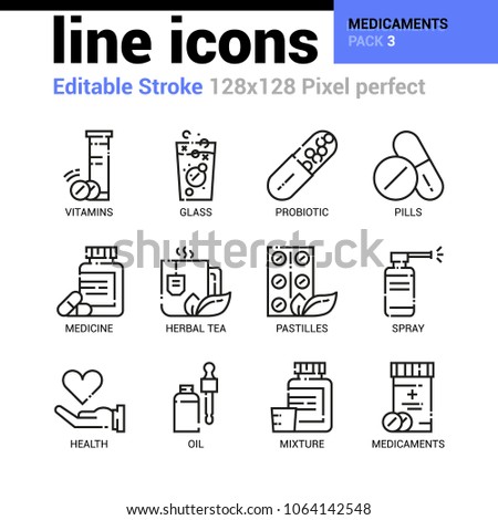 Medicaments line icons set - Editable Stroke, Pixel perfect thin line vector icons for web design and website application. 