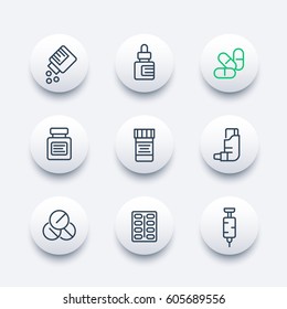 medicaments line icons set, pharmaceutics, pills, medicine bottle, inhaler, syringe