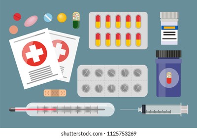 Medicaments set pill blisters and syringe. First aid for patients and kit with medicine. Thermometer for temperature measurements vector illustration