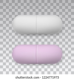 Medicaments Top View Vector Of A White And Pink Oval Pill On Transparent Background.