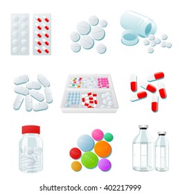 medicaments of various types, set of medical pill, vector Medicine isolated on white background, colorful products. Bottles and boxes with colored vitamins. Things to human health.