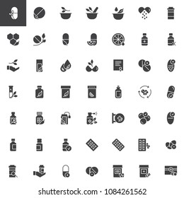 Medicaments vector icons set, modern solid symbol collection, filled style pictogram pack. Signs, logo illustration. Set includes icons as pills, mortar, herbal, medicine, vitamin, pharmacy, medical