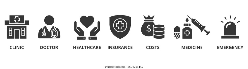 Medicare banner web icon vector illustration concept with icon of clinic, doctor, healthcare, insurance, costs, medicine, and emergency