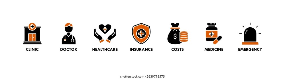 Medicare banner web icon vector illustration concept with icon of clinic, doctor, healthcare, insurance, costs, medicine, and emergency