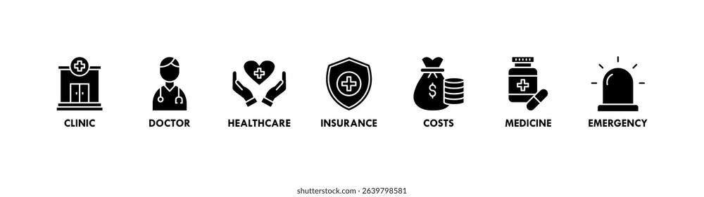 Medicare banner web icon vector illustration concept with icon of clinic, doctor, healthcare, insurance, costs, medicine, and emergency