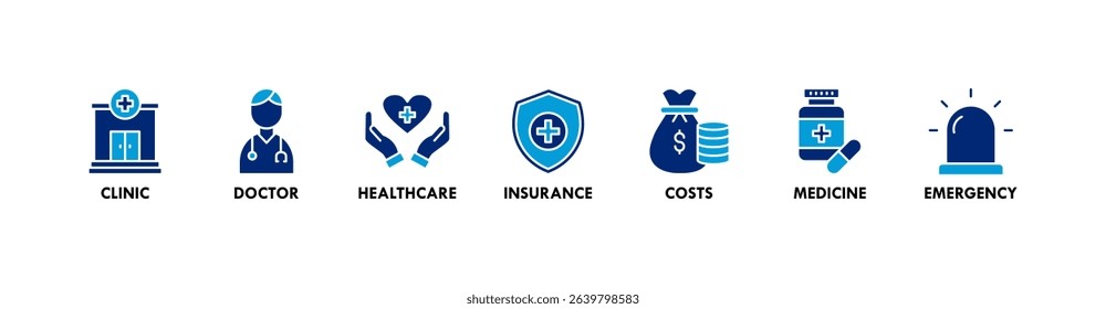 Medicare banner web icon vector illustration concept with icon of clinic, doctor, healthcare, insurance, costs, medicine, and emergency