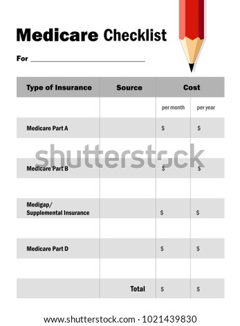 Medicare Checklist Worksheet, blank form to help tally cost of Medicare Parts A, B, D and medigap supplemental insurance, copy space to fill in the blanks, red pencil