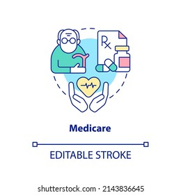 Medicare concept icon. Healthcare program. Federal social insurance includes abstract idea thin line illustration. Isolated outline drawing. Editable stroke. Arial, Myriad Pro-Bold fonts used