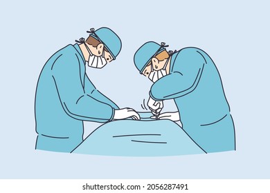 Medicare, health and surgery concept. Two young doctors surgeons in medical uniform and masks standing making operation to patient in clinic vector illustration 