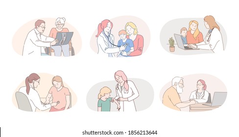 Medicare, healthcare, therapists, paediatricians working concept. Professional doctors therapists and pediatricians cartoon characters consulting and curing patients in medical clinics during visits 