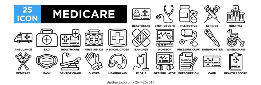 Medicare icon collection set. Healthcare Card, Stethoscope, Pill Bottle, Syringe, Hospital Building