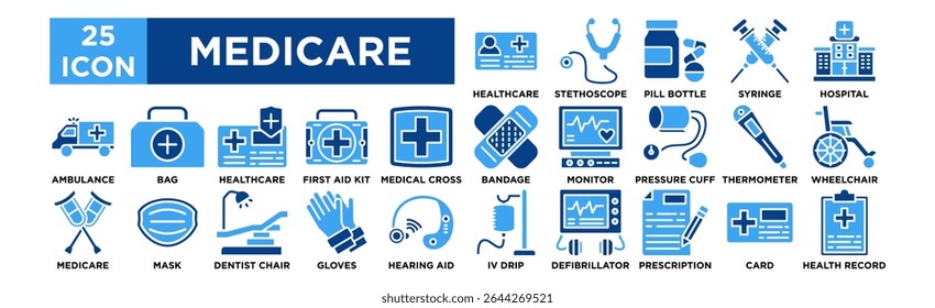 Medicare icon collection set. Healthcare Card, Stethoscope, Pill Bottle, Syringe, Hospital Building