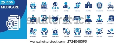 medicare icon set collection in solid glyph dual color style. pack contain health, care, doctor, nurse, hospital, medical, clinic, patient, treatment, card icon