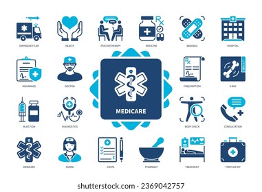 Medicare-Symbol-Set. Krankenhaus, Arzt, Kosten, Beratung, Notwagen, Gesundheit, Medizin, Versicherung. Duotone-Farbsymbole