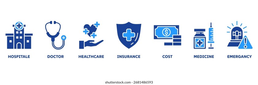 Medicare Symbol Set Illustration Konzept mit Symbol für Krankenhaus, Arzt, Gesundheit, Versicherung, Kosten, Medizin, Notfall
