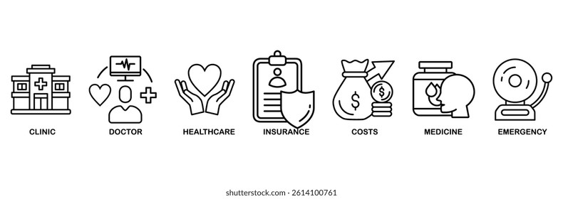 Medicare icon set vector illustration concept with icon of clinic, doctor, healthcare, insurance, costs, medicine, and emergency