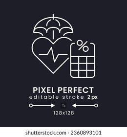 Medicare Tax white linear desktop icon on black. Public health insurance. Healthcare contributions. Pixel perfect 128x128, outline 2px. Isolated user interface symbol for dark theme. Editable stroke