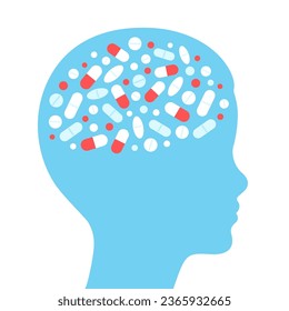 Medication ADHD in children, child head profile with medicine pills. Mental health treatment concept and drug overprescription problem.