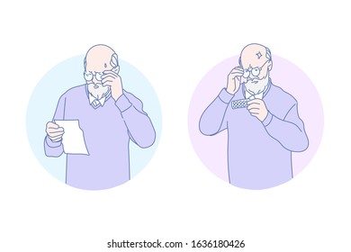 Medication, aging, health, therapy, eyesight, set. Bad eyesight aged man looking to the remedy, reading medical health prescription. Ageing visual acuity disorder problem. Simple flat vector.