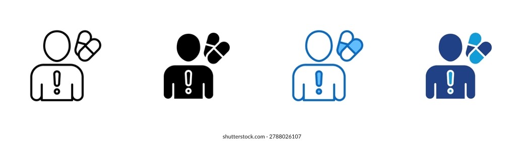 Medication Alert Multiple Style Icon Design Vector - Patient with pills and warning mark representing medication risk, adverse reaction, and prescription safety