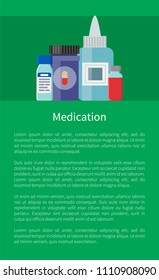 Medication banner medicament in containers, antibiotics and antiseptic remedies, painkillers in bottles, vial pharmaceutical vitamins vector text sample
