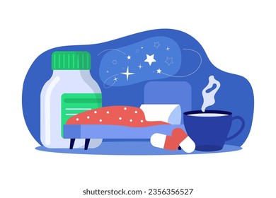 Medication for better sleep vector illustration. Comfortable bed with blanket, pill bottle and capsules for insomnia, cup of tea or cocoa. Healthy sleep environment, health care concept