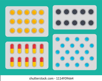 Medication blisters pills set of different types. Activated carbon and capsules in packages. Prescription of doctor for patients vector illustration