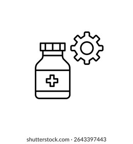 Medication bottle and cogwheel. Medical system settings, healthcare management, diagnostic tool configuration, clinical workflow control, patient monitoring setup. Pixel perfect, editable stroke vecto